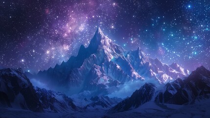 A mountain range covered in snow and surrounded by a starry sky. The sky is filled with stars and the mountains are illuminated by the light of the stars. The scene is serene and peaceful