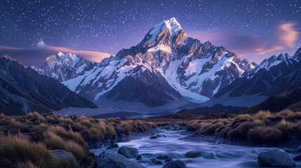 A mountain range with a river running through it. The sky is dark and the stars are shining brightly - obrazy, fototapety, plakaty