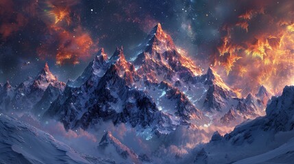 A mountain range with snow and clouds in the background. The mountains are lit up with a warm orange glow