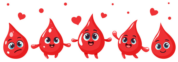 Set of cartoon blood drops. Cartoon characters, elements for clinic design, blood donation - obrazy, fototapety, plakaty