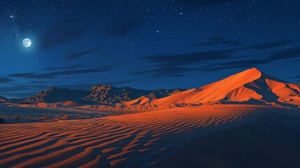 A desert landscape with a mountain in the background and a full moon in the sky. The scene is serene and peaceful, with the moon casting a soft glow over the sand dunes - obrazy, fototapety, plakaty