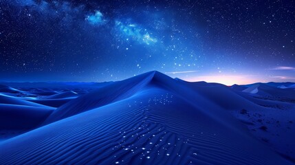 A beautiful night sky with a blue desert in the background. The stars are shining brightly and the sky is filled with a sense of calmness and serenity - obrazy, fototapety, plakaty