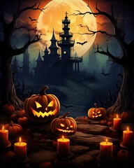 Halloween background with scary pumpkins candles in the graveyard at night with a castle background