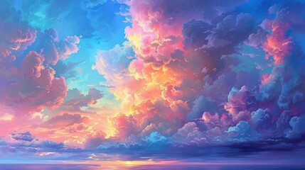 A colorful sky with a large cloud that is pink and purple. The sky is filled with clouds and the sun is setting - obrazy, fototapety, plakaty