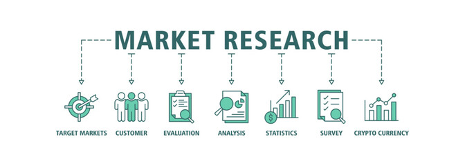Fototapeta na wymiar Market research banner web icon vector illustration concept with icon of target markets, customer, evaluation, analysis, statistics, survey and trend