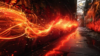 A red and orange line of sparks is shooting out of a wall. The image has a sense of energy and movement, as if the sparks are dancing and swirling in the air. The red and orange colors create a warm