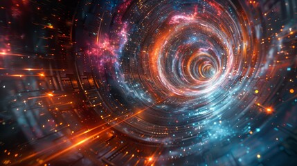 Fototapeta premium A spiral tunnel with a bright orange and blue light. The tunnel is filled with stars and glowing lights