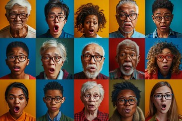 Collage of Multigenerational People with Surprised Expressions