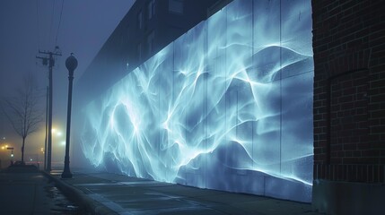 A wall with a blue wave painted on it. The wall is next to a street with a street light