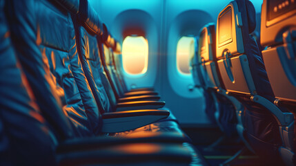 empty seat near the window on an airplane - obrazy, fototapety, plakaty