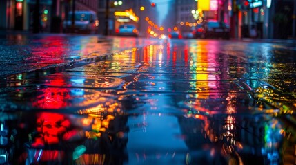 Fototapeta premium A city street with a lot of cars and a lot of rain. The rain is reflecting the lights of the city, creating a colorful and vibrant atmosphere