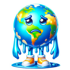 Melting dripping planet Earth. Concept of global warming, climate change. 3D cartoon illustration. Isolated on transparent background. PNG file.