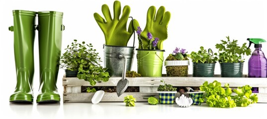 Gardening Essentials: Tools, Boots, and Plants on White Background