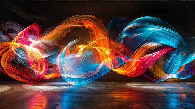 A colorful, abstract painting of a spiral with orange and blue swirls. The painting is illuminated and he is a light show