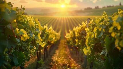 A row of grape vines with the sun shining on them. The sun is setting in the background