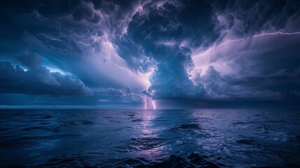 A stormy sky with a lightning bolt in the middle of the ocean. The sky is dark and the water is calm