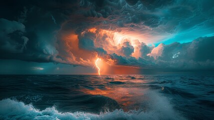 A stormy ocean with a bright lightning bolt in the sky. Scene is intense and dramatic - obrazy, fototapety, plakaty