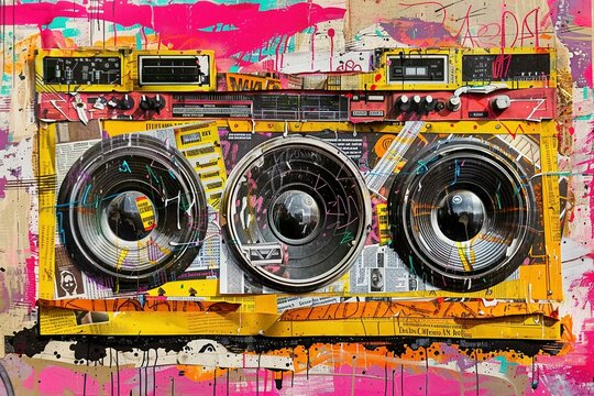 A vibrant street art explosion featuring a ghettoblaster rendered in a dynamic graffiti style, its energy radiating against a chaotic background of newspaper scraps and other street art elements