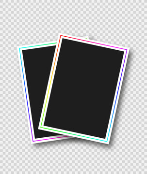 Vertical empty photo frames. Realistic vector mockup. Photo frames with shadow and multicolored line.