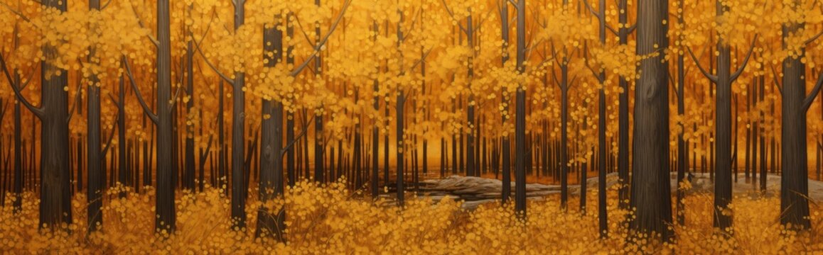 Enhanced by golden accents, a forest painting comes to life, drawing attention to the commanding presence of a massive tree trunk at its center.