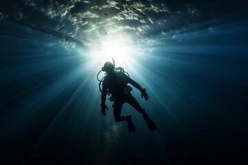 Generated with AI picture of scuba diver in a deep blue sea