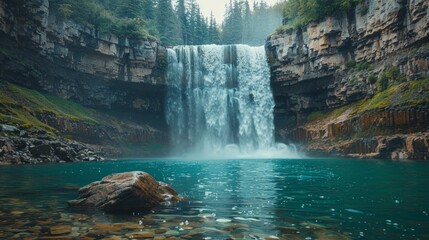 A waterfall is flowing into a large body of water. The water is clear and calm, and the rocks surrounding the waterfall add to the natural beauty of the scene. Concept of tranquility and serenity