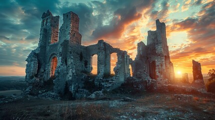 A castle ruins with a sunset in the background. The castle is old and abandoned, with a few people walking around. The sky is filled with clouds, and the sun is setting, creating a beautiful