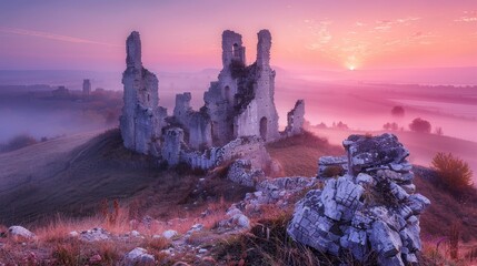 A beautiful sunset over a rocky hillside with a castle in the distance. The sky is a mix of pink and orange hues, creating a serene and peaceful atmosphere. The castle, with its crumbling walls - obrazy, fototapety, plakaty