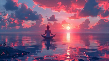 Animated illustration showing a yogi girl doing yoga at sunrise or sunset