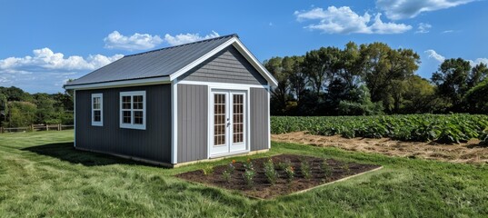Rustic Charm: Gray Garden Shed Amidst Lush Greenery