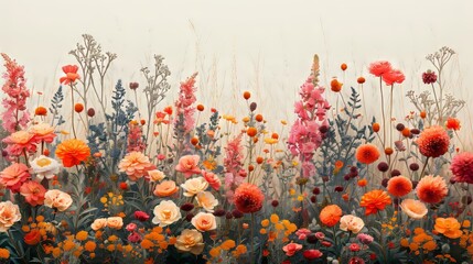 Obraz na płótnie Canvas An illustration pattern of bright flowers and field plants on a light background