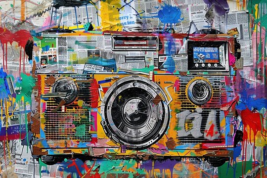 A vibrant street art explosion featuring a ghettoblaster rendered in a dynamic graffiti style, its energy radiating against a chaotic background of newspaper scraps and other street art elements
