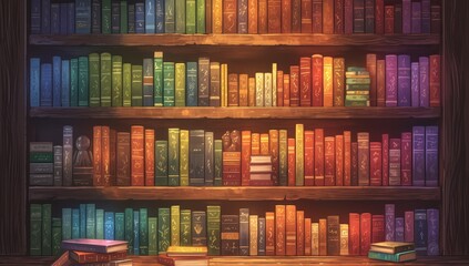 A bookshelf filled with books in rainbow colors, representing the diversity of reading tools and mobirainbow digital library concept.