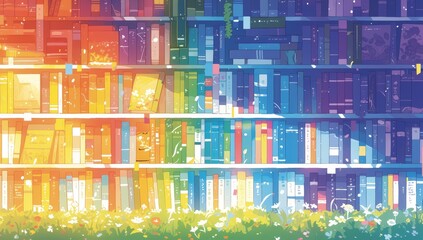 A bookshelf filled with books in rainbow colors, representing the diversity of academic marketing knowledge and trends. - obrazy, fototapety, plakaty