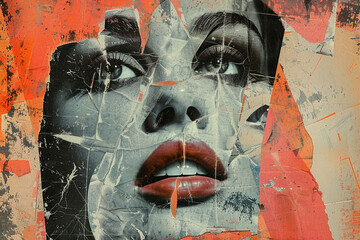 Fashionable Generative AI illustration image female facial collage many colorful elements trend puzzle