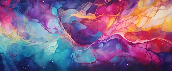 Glittering particles cascade through a vibrant tapestry of mesmerizing hues, adding a touch of magic to this bright marble ink abstract background. - obrazy, fototapety, plakaty