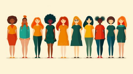 Symbolic movement for gender equality. Flat illustration postcard banner poster celebrating International Women's Day with women from different cultures.