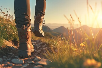 A closeup of feet and hiking boots walking on an outdoor trail, with mountains in the background at sunset. - obrazy, fototapety, plakaty