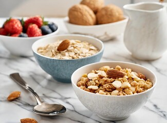 Three bowls of cereal and nuts on a marble table, having breakfast at luxurious kitchen counter. Suitable for food and nutrition concept