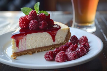A piece of cheesecake with raspberries on a plate