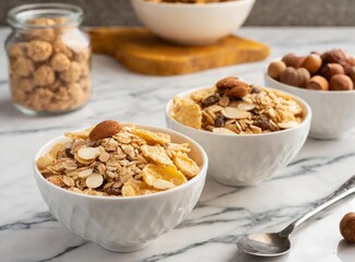 Three bowls of cereal and nuts on a marble table, having breakfast at luxurious kitchen counter. Suitable for food and nutrition concept