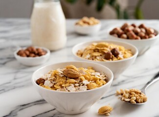 Three bowls of cereal and nuts on a marble table, having breakfast at luxurious kitchen counter....