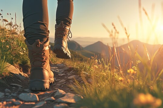 A closeup of feet and hiking boots walking on an outdoor trail, with mountains in the background at sunset.