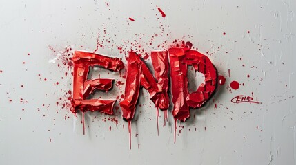 Red END Graffiti with Splatters on Textured Wall