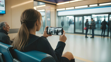 Young woman sitting in waiting room, looking at screen of smartphone