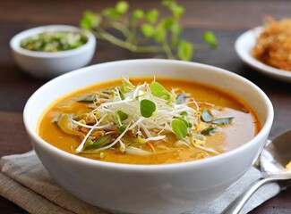 Vegetarian curry soup with sprouts as a side dish closeup isolated on dark rustic wooden table.