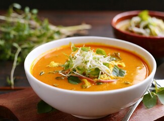 Vegetarian curry soup with sprouts as a side dish closeup isolated on dark rustic wooden table.