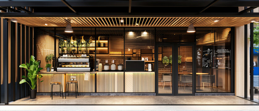 Coffee shop, cafe store, bar or restaurant with counter, glass windows. View from city street. Front design. Showcase. Generative ai