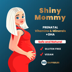 Vitamins for pregnant women. Packaging design. Blonde woman. Vector illustration