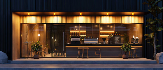 Coffee shop, cafe store, bar or restaurant with counter, glass windows. View from city street. Front design. Showcase. Generative ai